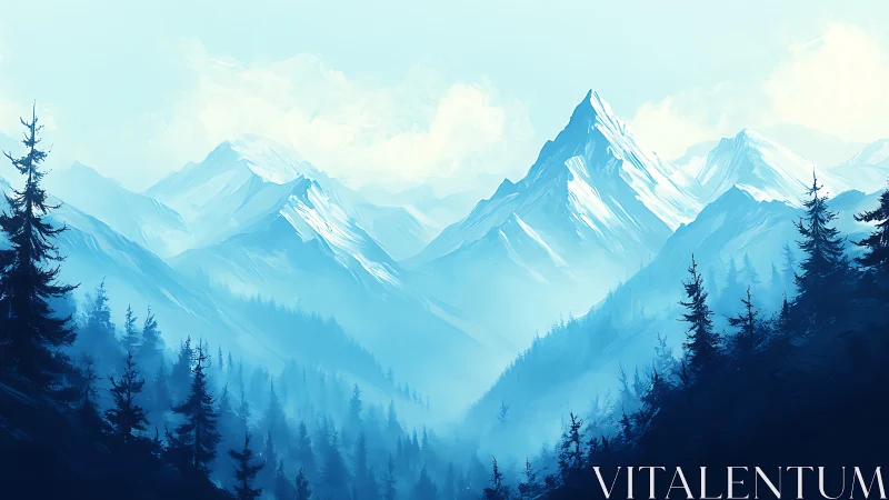 Snow-covered mountain range with conifer forest foreground.