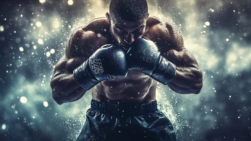 Athletic Boxer with Guard Stance, Volumetric Light Particles