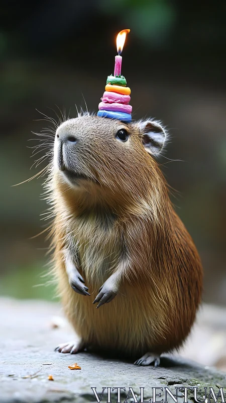 Adorable capybara celebrates quietly with a tiny candle hat
