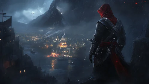 Hooded rogue surveys rainlit fortress city at midnight.