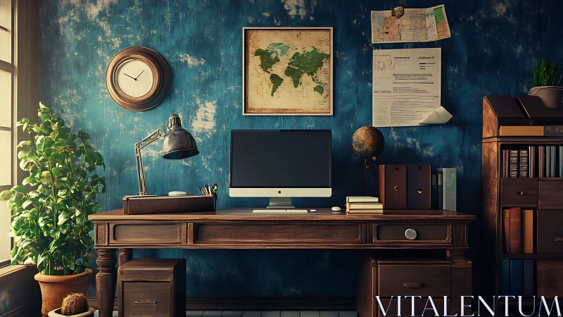 Vintage wooden home office desk with computer and maps wall.