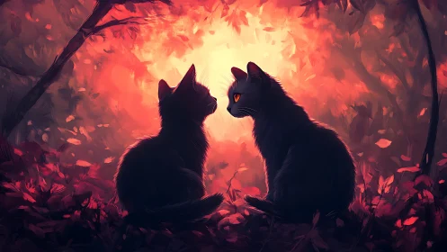 Two cats sit in silhouette against burning forest environment.