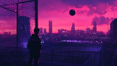 Urban soccer field at dusk with silhouetted observer figure.
