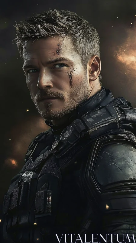 Battle-hardened space soldier stares ahead in smoky gloom