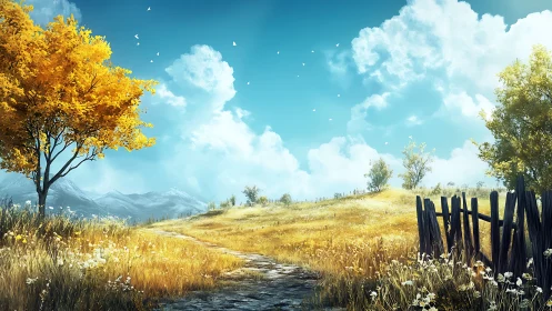 Golden meadow path winds beneath bright summer clouds.