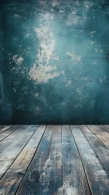 Weathered teal wall quietly meets timeworn wooden stage