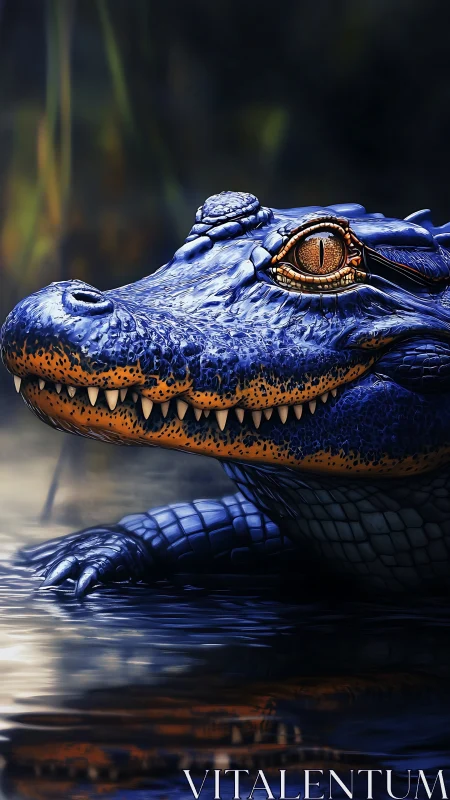 Bioluminescent blue alligator emerging from water with hyperreal scales