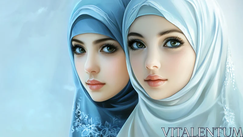 Two Women in Hijabs, Digital Art Portrait with Soft Blue Tones.