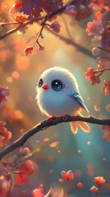 Fluffy blue-eyed songbird perched in glowing spring bokeh grove