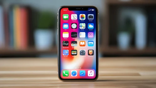 iPhone home screen displaying app grid layout on wooden surface with blurred background