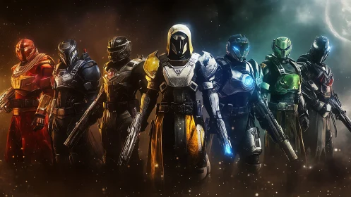 United squad of futuristic guardians ready for action.