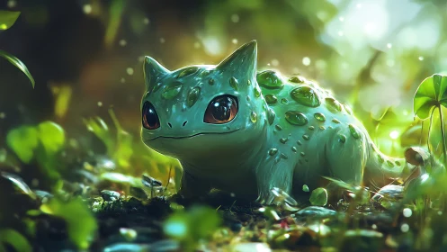 Forest reptile creature glows under soft bokeh light.