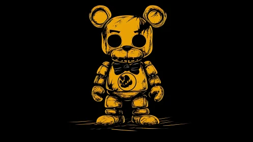 Glowing golden robot bear stands ominously in darkness