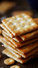 Golden saltine crackers stacked with sea salt crystals.