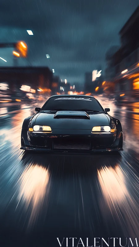Low-angle frontal view of tuned sports car in wet nocturnal motion