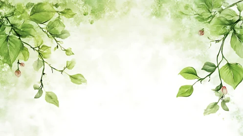 Green leafy branches framing light watercolor background.