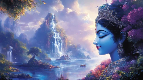 Profile view of blue deity figure by waterfalls and river.