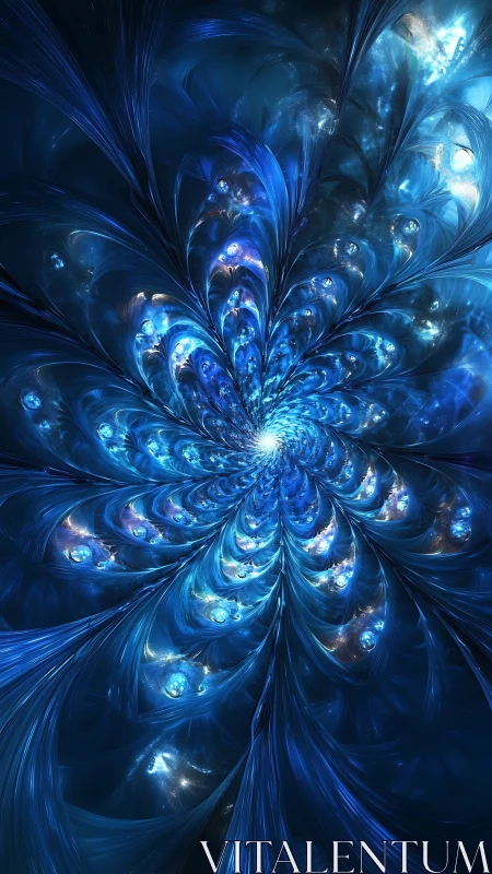 Radial blue fractal bloom with luminous caustic filaments.