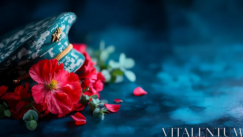Military cap rests beside vivid red flowers on blue surface