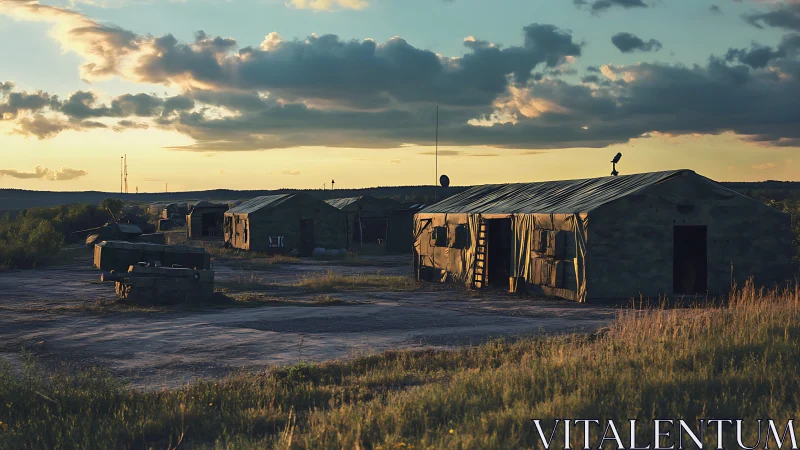 Military field camp with canvas huts at sunset.