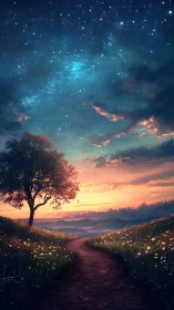 Starlit hillside path under luminous dusk horizon sky.