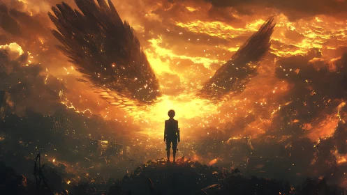 Silhouetted child before burning angelic wings in apocalyptic sky.