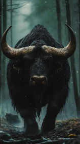Horned buffalo strides through misted conifer forest.