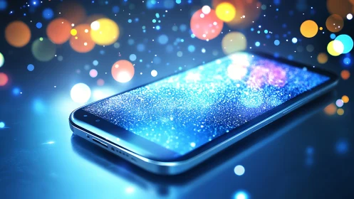 Sparkling smartphone screen glows with magical digital light