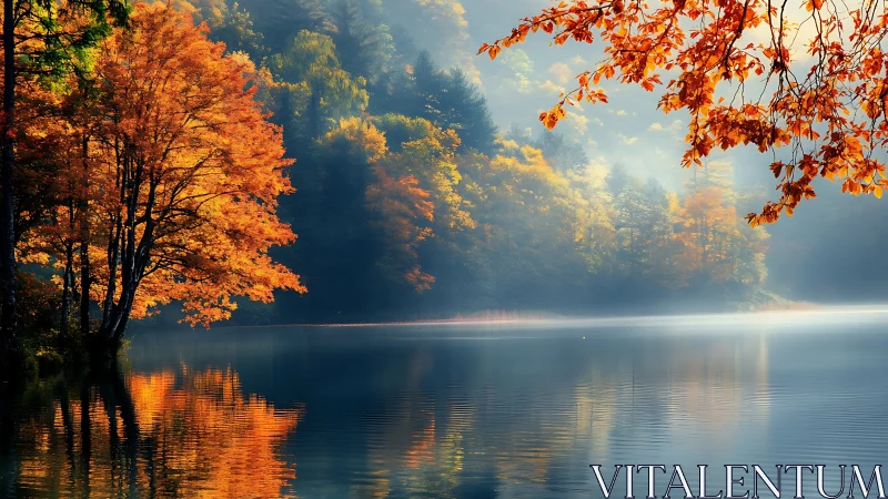 Golden autumn forest glows beside a misty reflective lake.