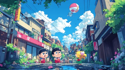 Sunlit alley adventure with wide-eyed kids and drifting balloon.