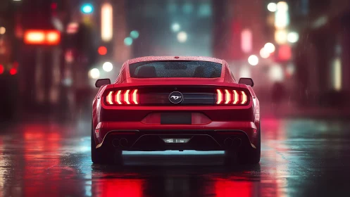 Red sports car idling on neon city street in rain-soaked night.