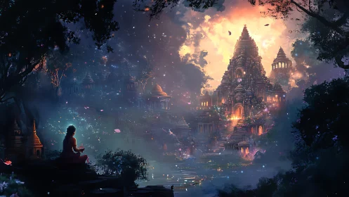 Meditating figure facing illuminated temple complex at dusk.