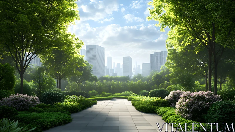 Garden corridor to a skybright city of softened towers.