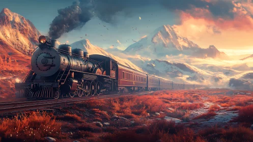 Steam train journeying through glowing mountain sunset.