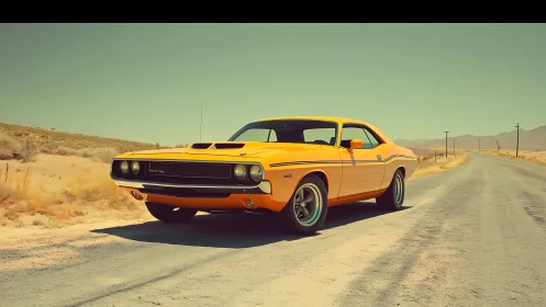 Yellow vintage muscle car on empty desert roadside under sun.