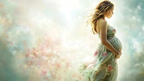 Pregnant woman in floral dress against soft pastel clouds.