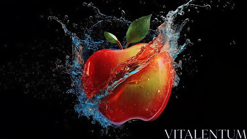 High-speed water impact encircles glossy red apple in midair