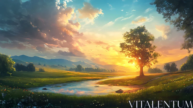 Golden hour riverbend under a quiet, listening tree.