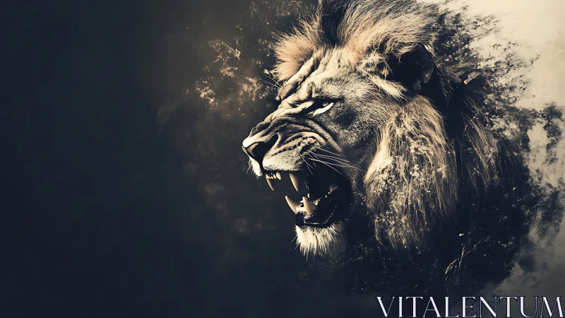 Roaring lion portrait with dynamic particle dispersion effect.