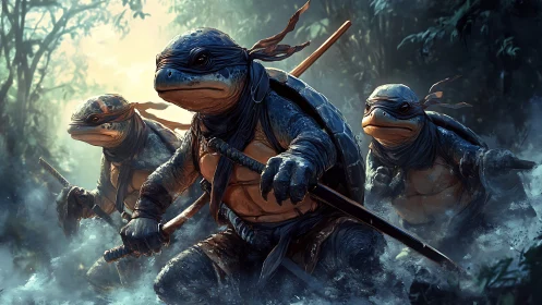 Amphibian ninjas charge through misty jungle waters at dawn.