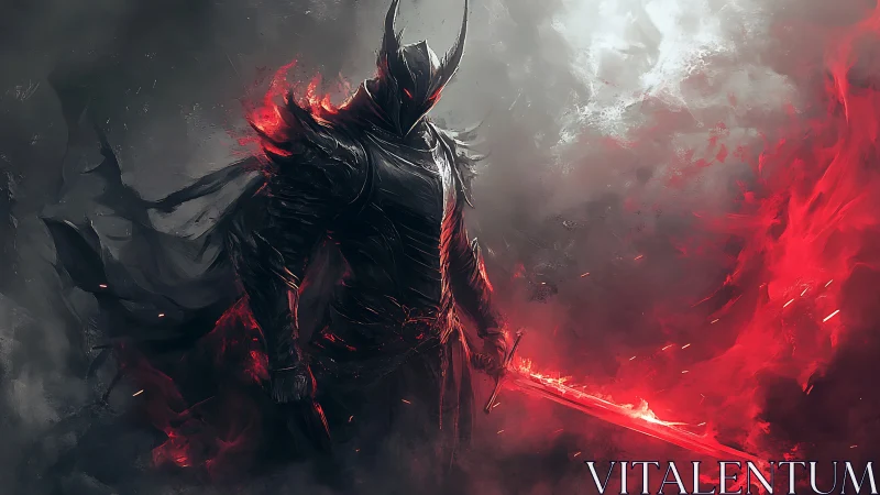 Infernal black knight with flaming red sword in storm haze