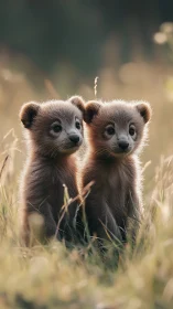 Gentle twin fox cubs share a quiet golden meadow moment