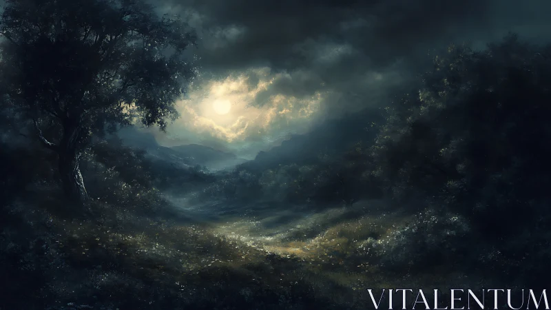 Moonlit valley landscape under brooding storm clouds.