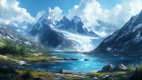 Glacial alpine lake beneath snow laden spire peaks at midday