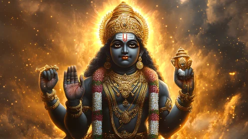 Divine blue deity framed by radiant cosmic gold aura.