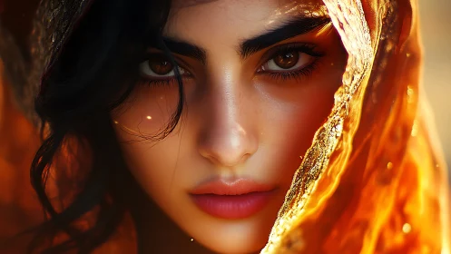 Gaze of firelit silk and shadowed secrets unveiled.