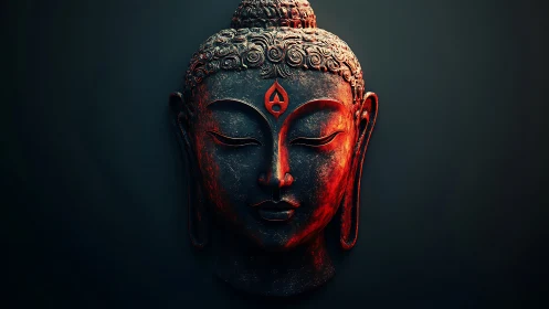 Ember-kissed Buddha face drifts through meditative shadow