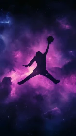 Cosmic basketball leap silhouette over glowing nebula sky.