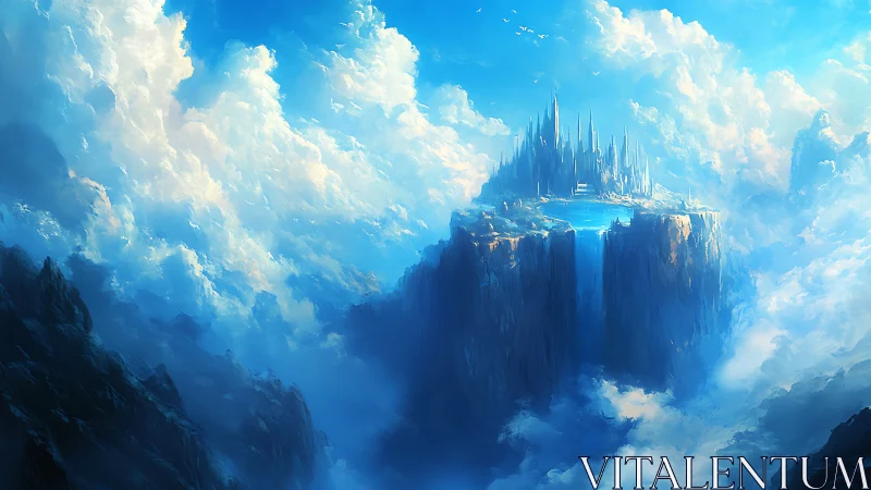 Luminescent sky citadel on eroded plateau amid stratocumulus