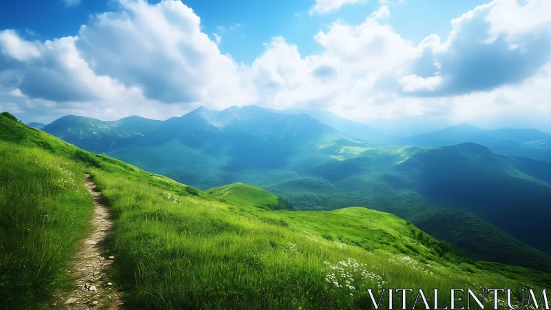 Sunlit ridge trail drifts toward distant blue mountain waves